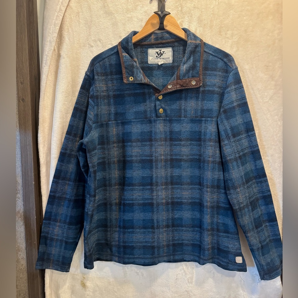 Vintage John Wayne Pullover Blue Plaid Flannel 1/4 Snap Wooly Fleece Jacket Sz L